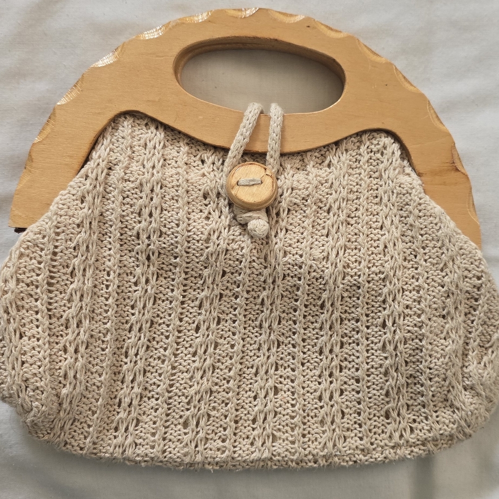 Beige Crochet Knit Handbag with Wooden Handles